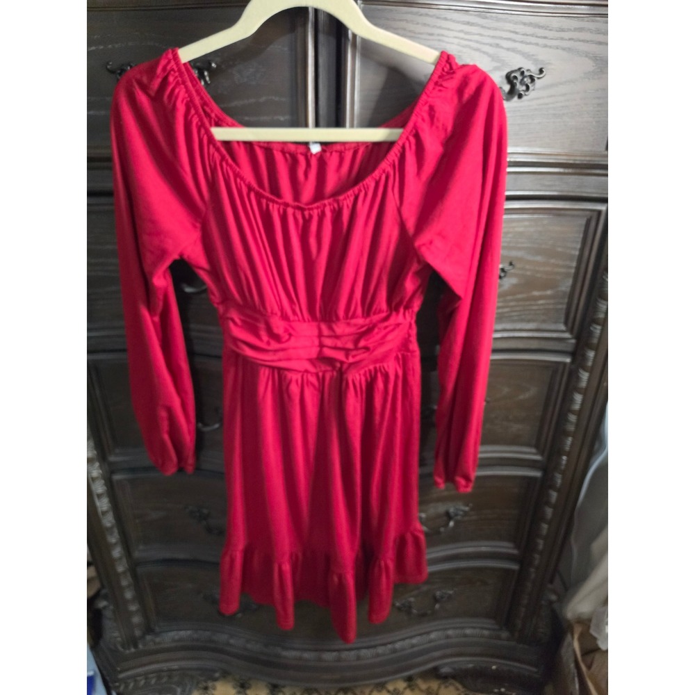 Anrabess Red Long Sleeve Smocked Mini Dress Ruffle Hem Square Neck XS NWT